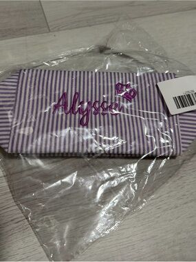 Personalized Lavender Stripe Cosmetic Pouch with Magenta Embroidery - Alyssa
